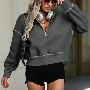 Dark Grey Casual Women's Half-Zip Hooded Sweatshirt